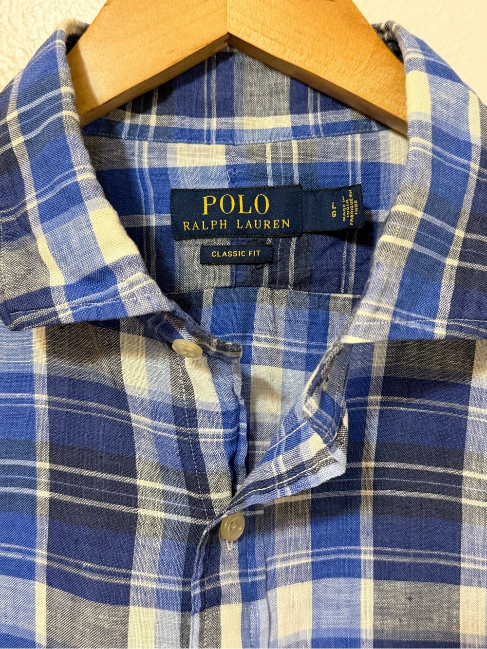Polo Ralph Lauren 100%LINEN Classic Fit Plaid Button-Up Shirt Blue Long Sleeve L